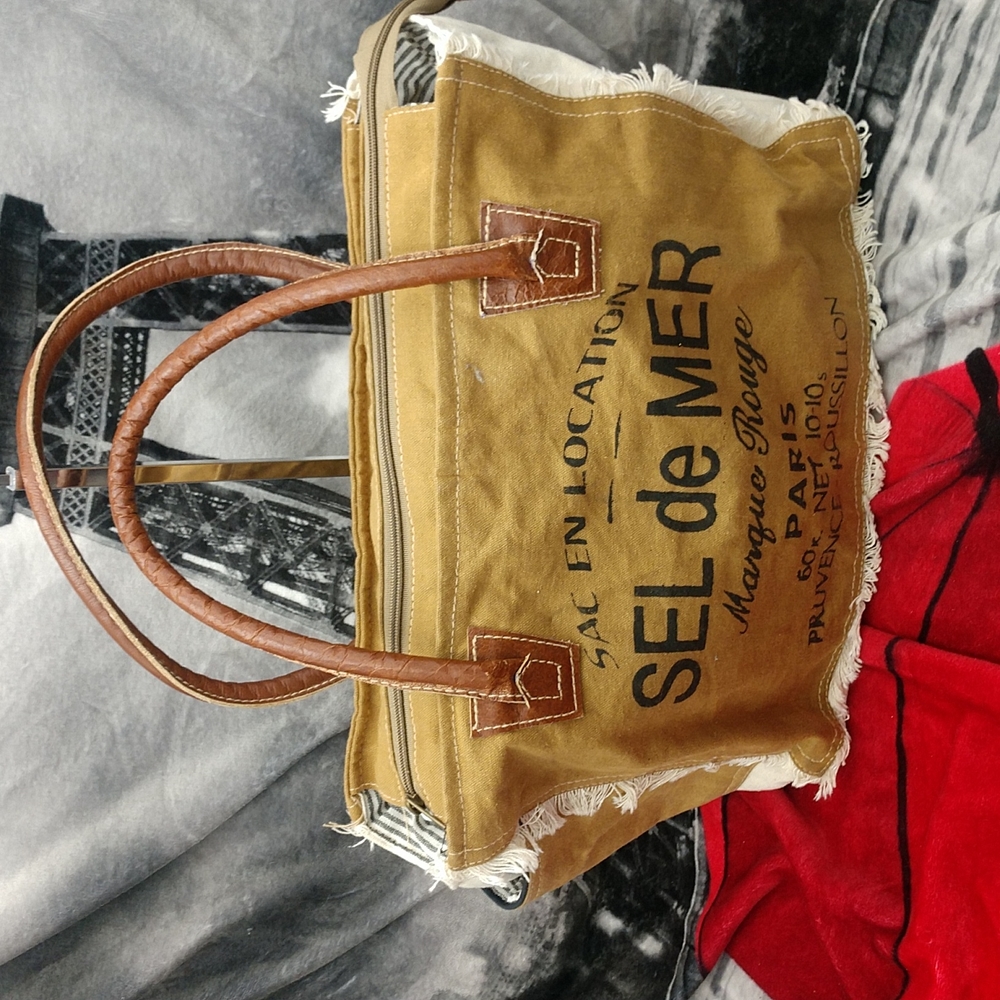 Canvas Tote Bag SEL de MER in Tan with Brown Handles